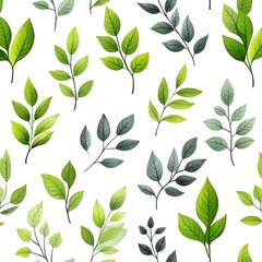 Seamless Pattern of Assorted Fresh and Natural Leaves on Plain White Background