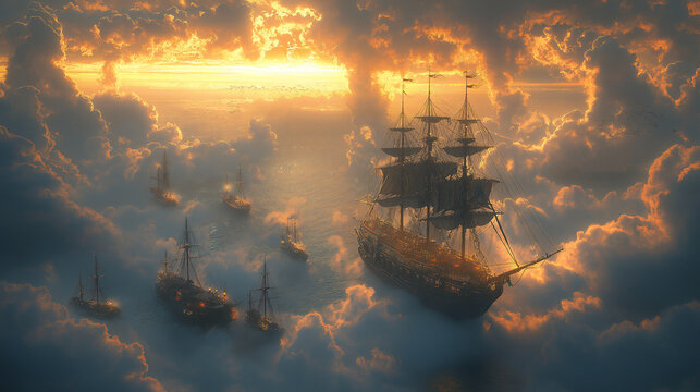 A stunning CGI rendering of steampunk airship battle, showcasing majestic ships amidst dramatic clouds and vibrant sunset. scene evokes sense of adventure and wonder