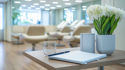 A modern minimalist spa interior with a soft color palette. The table features a vase with white flowers, a glass, and a pen resting on an open notebook, creating a calming and serene atmosphere