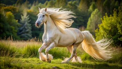 In a lush meadow, a dignified albino horse stands tall, its cream-colored mane and tail flowing gently in