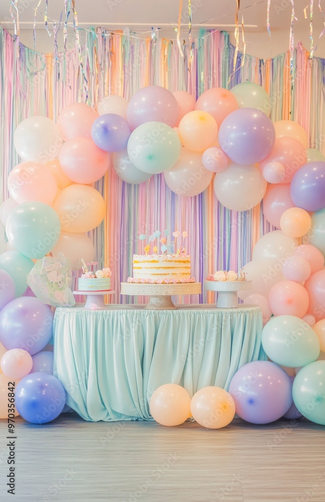 Wall mural A colorful birthday setup with pastel balloons, a large cake table, and streamers hanging from the ceiling, creating a festive atmosphere