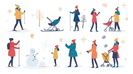 Set of various people having fun at winter. Flat vector illustrations of family making snowman, woman skiing, standing with pram. Winter leisure concept for banner,