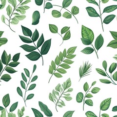 Seamless Pattern of Vibrant and Lush Botanical Foliage on White Background