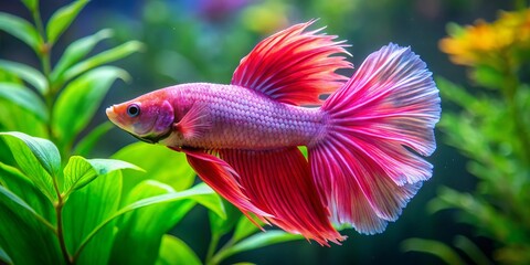 Obraz premium In the heart of the aquarium, a stunning pink betta fish flaunts its majestic flowing fins, dancing effortlessly