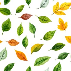 Seamless Natural Pattern with Fresh Leaves on White Background