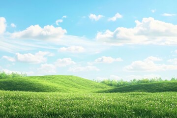 Green Land, Blue Sky, Summer Sunny Day Background, Wide View Of Lawn Hill and Blue Sky , ai