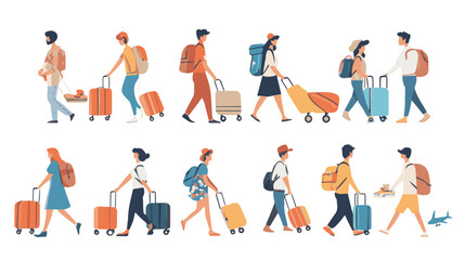 Set of travelers walking with luggage. Flat vector illustrations of families carrying travel cases.