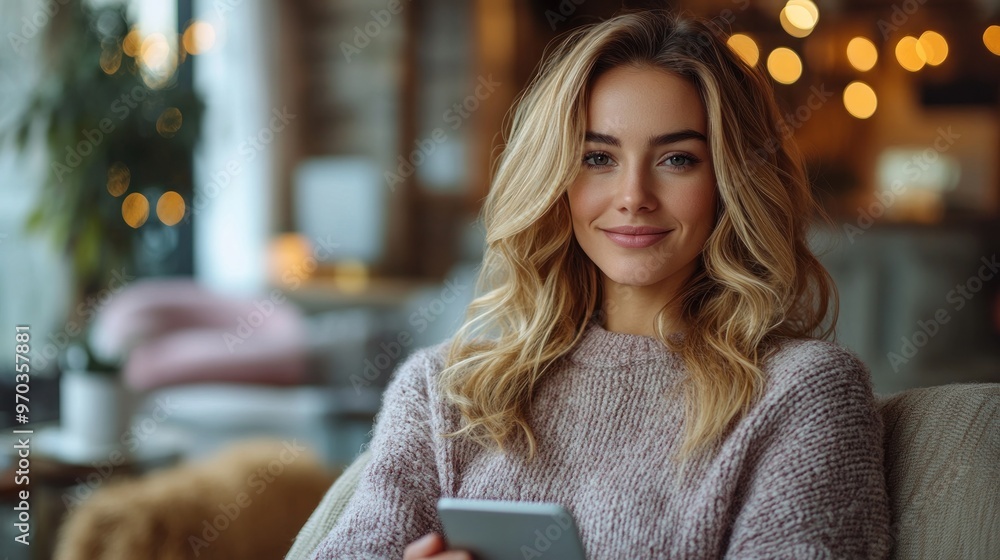 Wall mural smiling woman holding a tablet