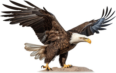 Obraz premium an isolated bald eagle (Haliaeetus leucocephalus) , flying in motion and in landing position, wildlife, Wildlife-themed, photorealistic illustration on a transparent background PNG. generative ai