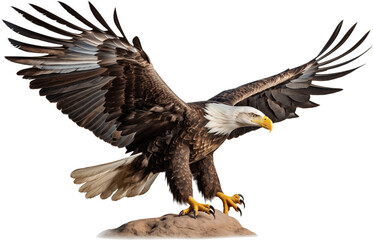 Fototapeta premium an isolated bald eagle (Haliaeetus leucocephalus) , flying in motion and in landing position, wildlife, Wildlife-themed, photorealistic illustration on a transparent background PNG. generative ai