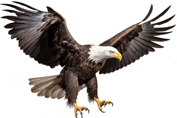 an isolated bald eagle (Haliaeetus leucocephalus) , flying in motion and in landing position, wildlife, Wildlife-themed, photorealistic illustration on a transparent background PNG. generative ai