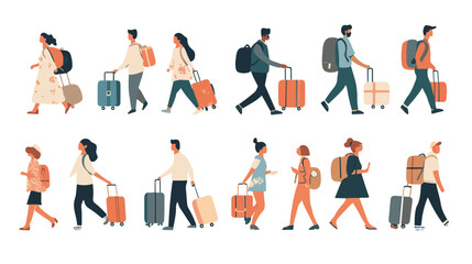 Set of travelers walking with luggage. Flat vector illustrations of families carrying travel cases.