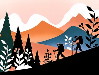 Two hikers traverse a scenic mountain trail in a vibrant, stylized landscape.