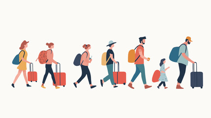 Set of travelers walking with luggage. Flat vector illustrations of families carrying travel cases.