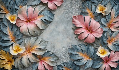 Close-up group tropical leaves flowers arranged circular pattern