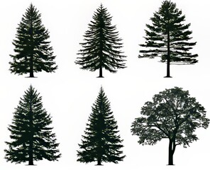 A collection of six diverse tree silhouettes in various shapes and sizes.