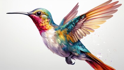 Vibrant hummingbird illustration in flight against white background