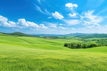 Fototapeta premium Green Land, Blue Sky, Summer Sunny Day Background, Wide View Of Lawn Hill and Blue Sky , ai