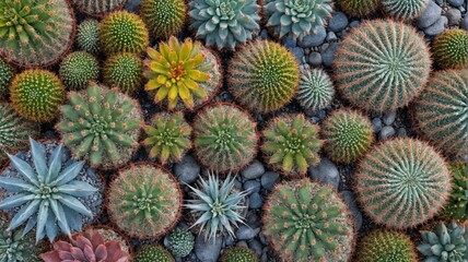 Close-up group cactus plants various colors sizes cacti An overh