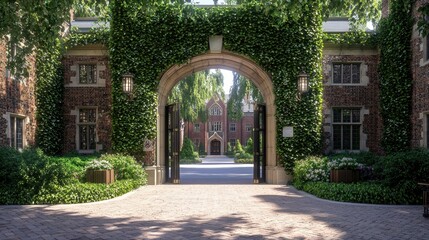 Ivy Covered Brick Archway Leading to Historic Building