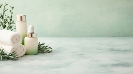 A soft and soothing display of spa products on a marble surface with fresh green accents, spa products, marble, green