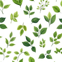 Seamless Natural Pattern of Various Fresh Green Leaves on White Backdrop