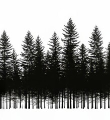Silhouette of dense evergreen trees against a white background.
