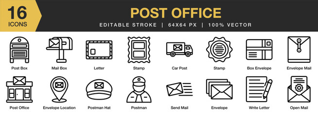 Post Office icon set. Editable Stroke Icon Collection. Includes letter, post box, postman, send, stamp, and More. Outline icons vector collection.