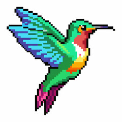 Colorful Pixel Art Hummingbird with Vibrant Gradient Wings on White Background