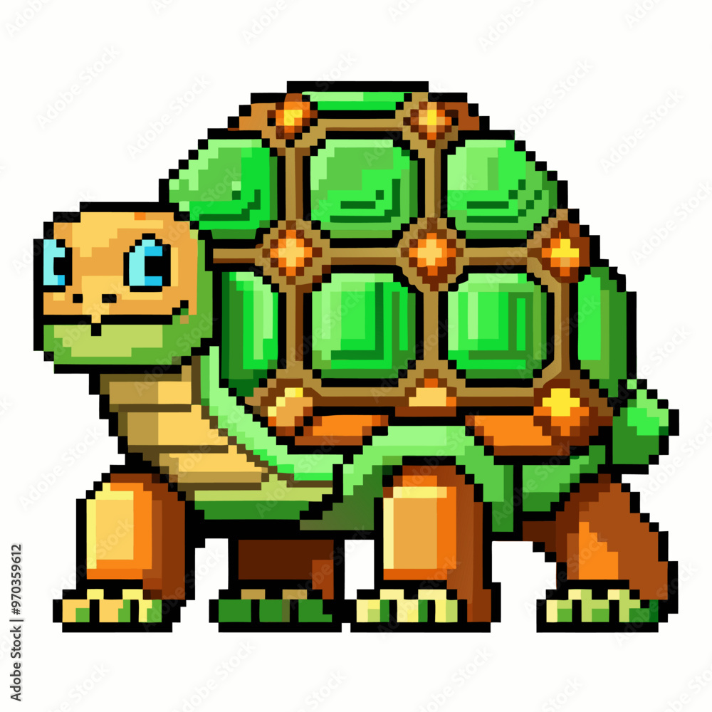 Aufkleber pixel art cartoon turtle with green shell and geometric pattern in retro game style
