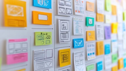 Colorful Sticky Notes with Website Wireframe Sketches on Whiteboard