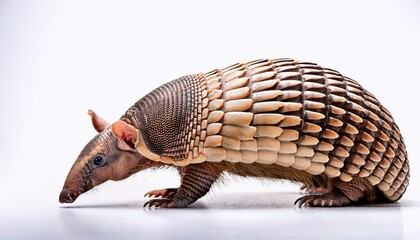 Nine-banded armadillo on white background showing detailed armor