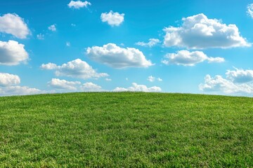 Obraz premium Green Land, Blue Sky, Summer Sunny Day Background, Wide View Of Lawn Hill and Blue Sky , ai