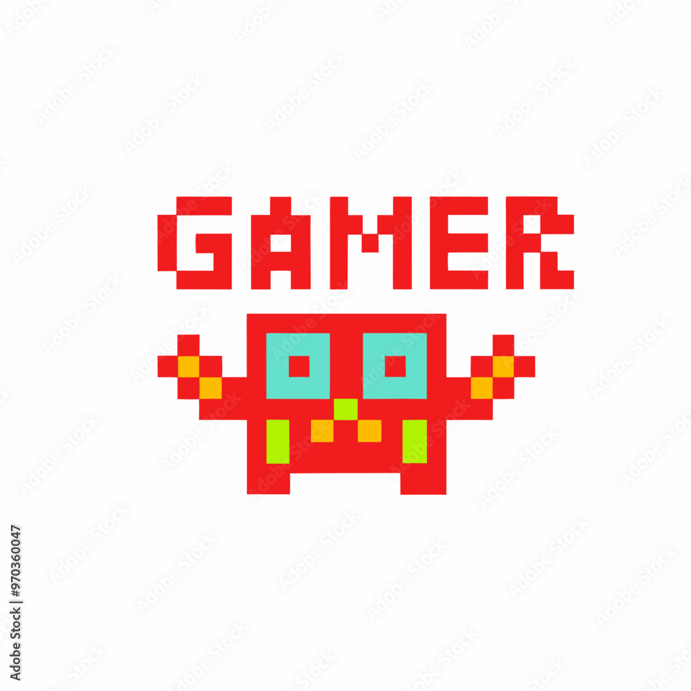 Poster retro pixel art gamer design with colorful 8 bit character on white background