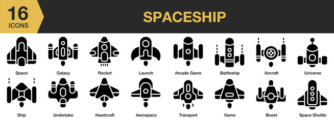 Spaceship solid icon set. Includes aerospace, aircraft, arcade game, battleship, and More. Solid icons vector collection.