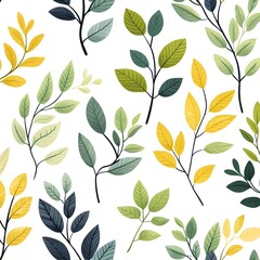 Seamless botanical pattern with natural and fresh assorted leaves on white background