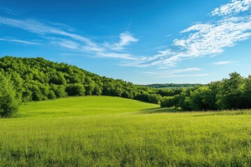 Fototapeta premium Green Land, Blue Sky, Summer Sunny Day Background, Wide View Of Lawn Hill and Blue Sky , ai
