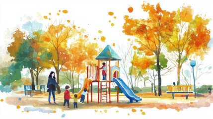 A vibrant playground scene in autumn, featuring children playing joyfully on slides surrounded by colorful trees.