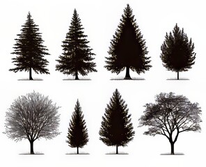 Silhouettes of trees showcasing diverse shapes and forms against a white background.