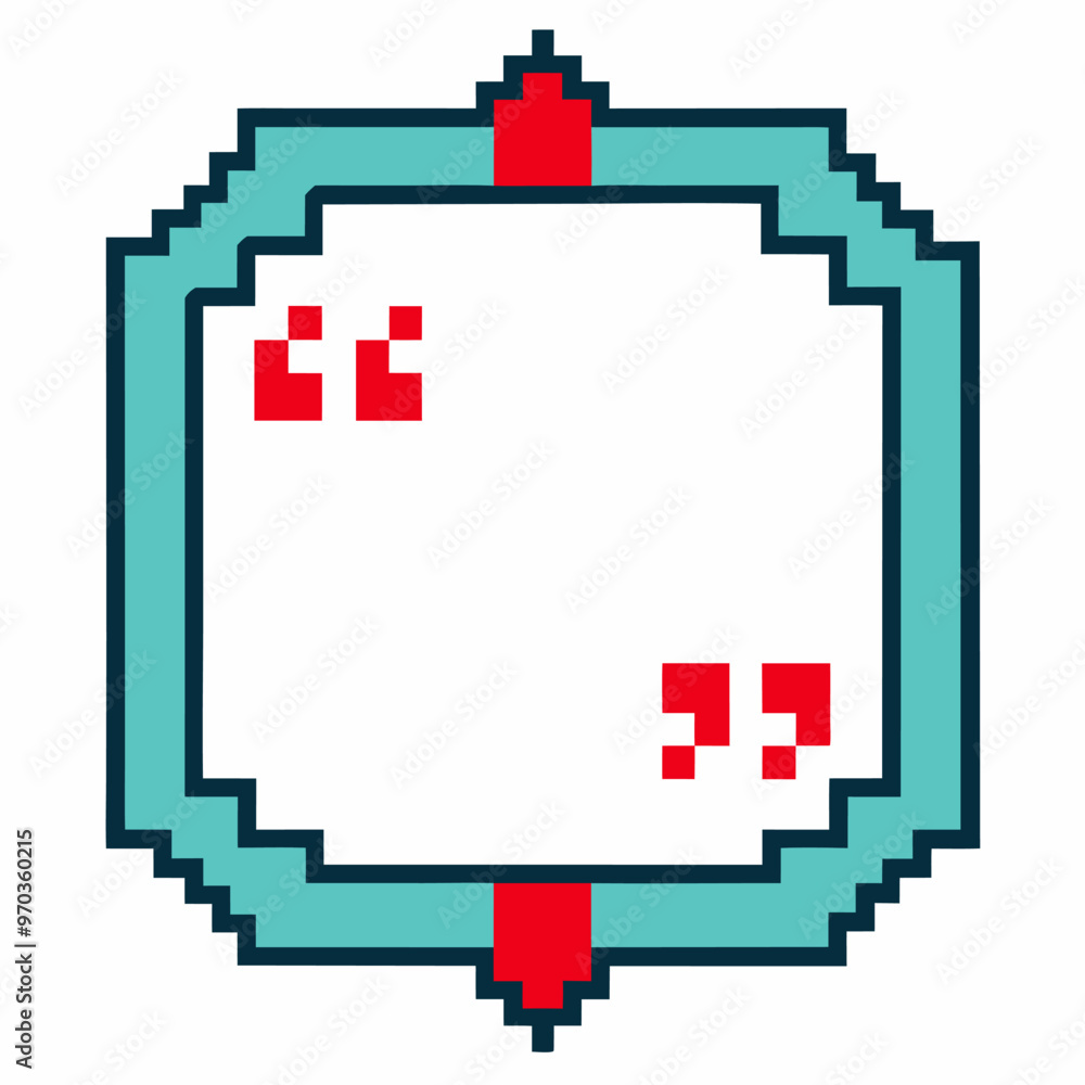Poster retro pixel art speech bubble with quotation marks and geometric design