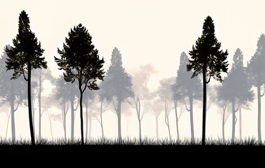 Silhouette of tall pine trees against a misty background.