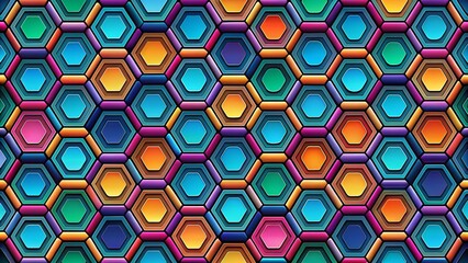 Pulsing hexagons swirl in a kaleidoscope of color blending seamlessly across the canvas in a mesmerizing dance of