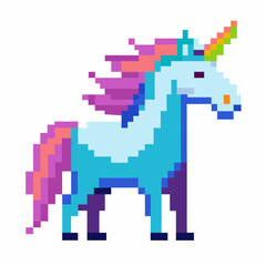 Pixel Art Unicorn with Rainbow Mane and Horn in Retro 8 Bit Style