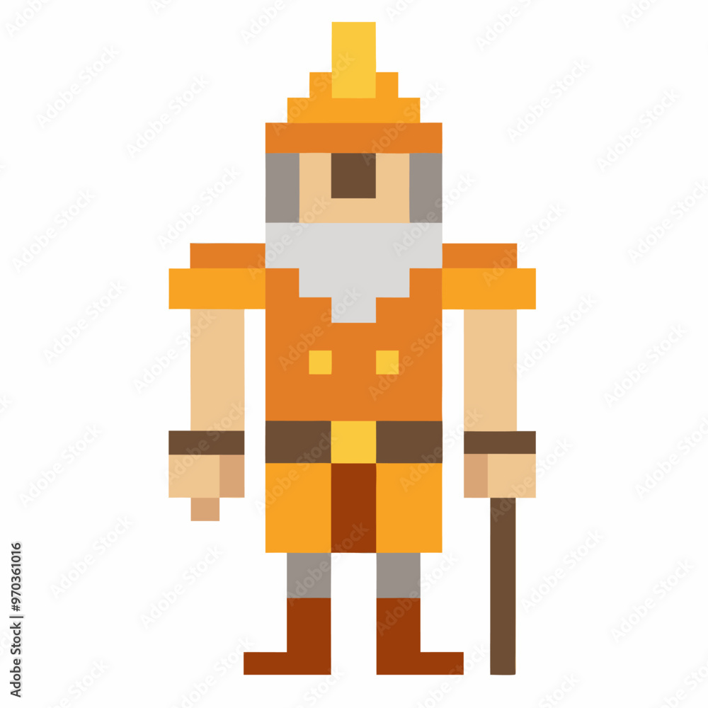 Aufkleber retro pixel art knight standing with sword and shield nostalgic 8 bit style warrior character