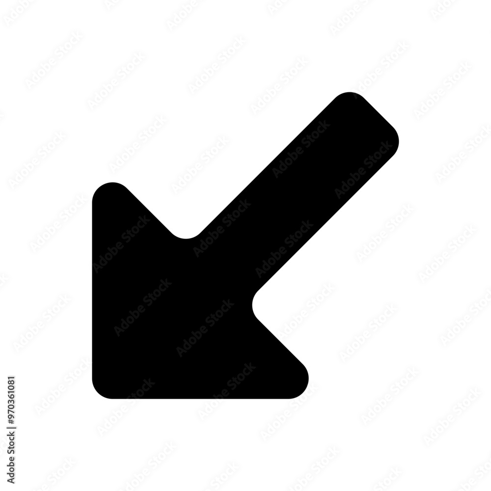 Poster bottom left arrow icon in solid-filled glyph style. simple direction symbol vector illustration — pi