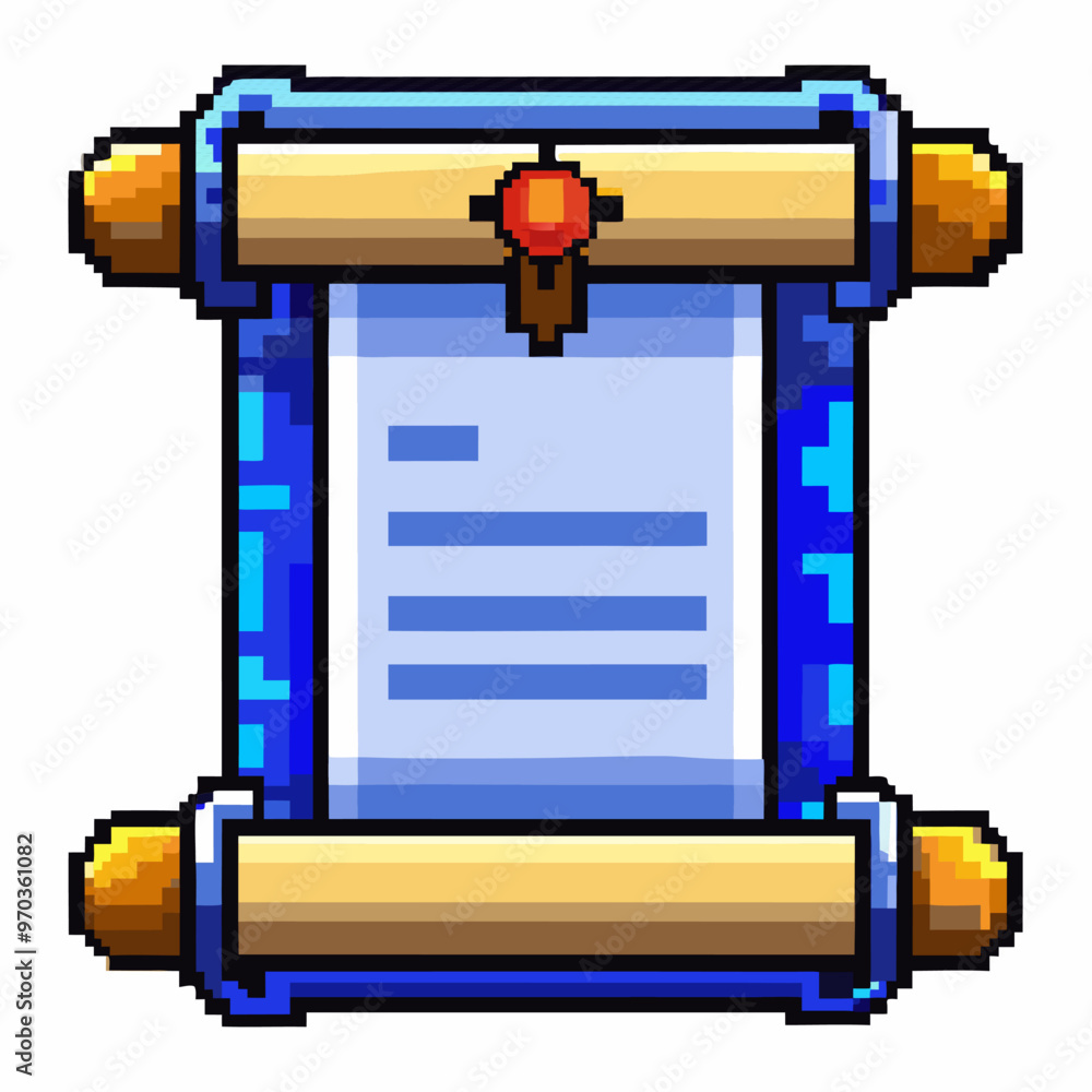 Poster pixel art scroll with blue frame and red seal icon for retro video games
