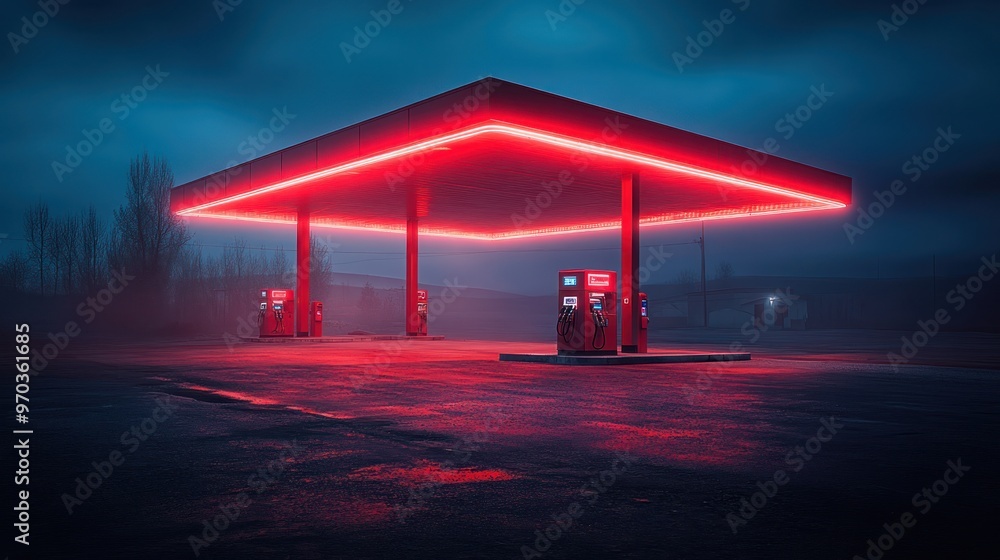 Poster Red Neon Gas Station in Foggy Night