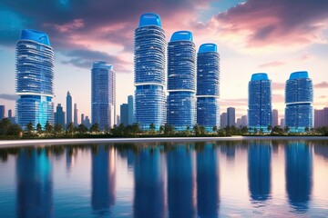 Fototapeta premium Innovative High-Rise Architecture in a Smart City Landscape with Water Reflections and Vibrant Blue Aesthetics