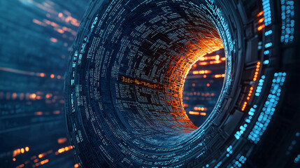 Futuristic digital tunnel with glowing blue and orange lights, showcasing intricate patterns and data streams. This mesmerizing scene evokes sense of advanced technology and innovation
