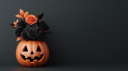 Fototapeta premium Halloween-themed floral display, dark roses in a carved pumpkin vase, 3D illustration